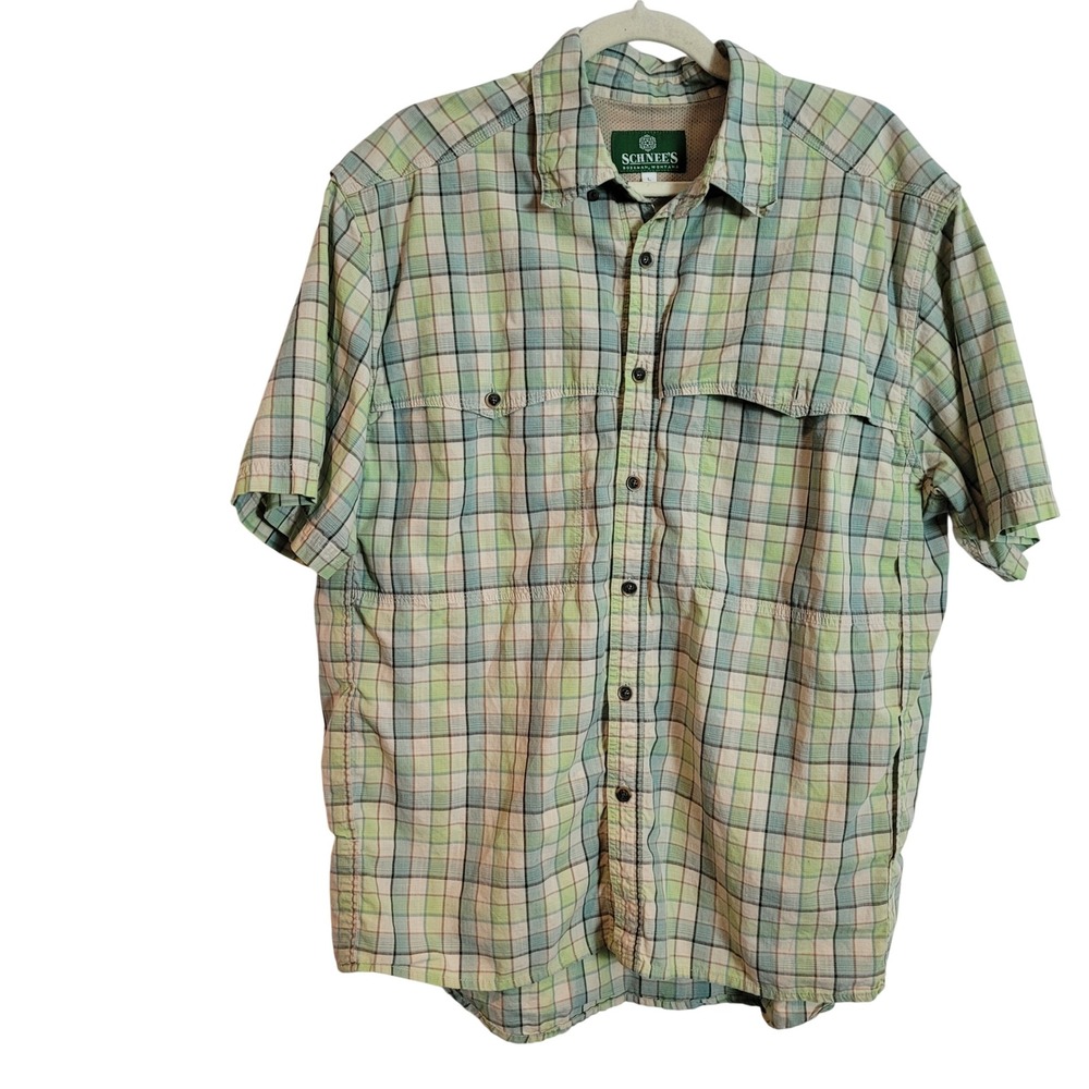 Schnees Bozeman Montana Mens Large Green Plaid S/S Ventilated Fishing Shirt L
